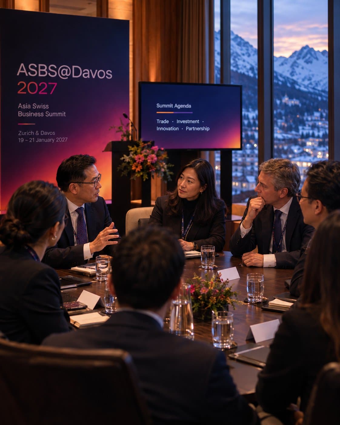 Executives at a roundtable beneath the Asia Swiss Business Summit @ Davos 2027 screen, with the Alps beyond