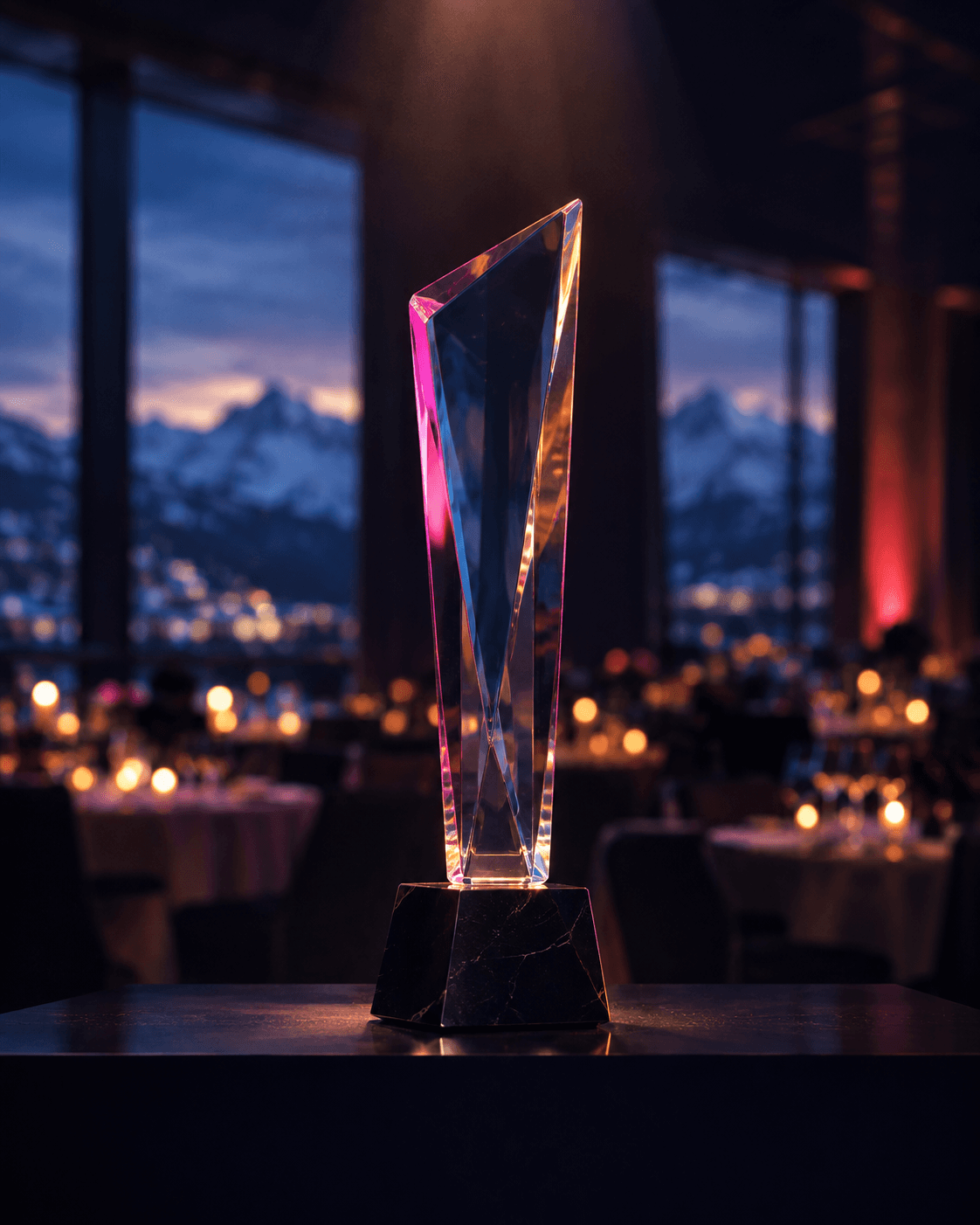 A faceted crystal award on a black marble base, lit in pink and orange, in a dining room with snow-covered Alps at dusk behind
