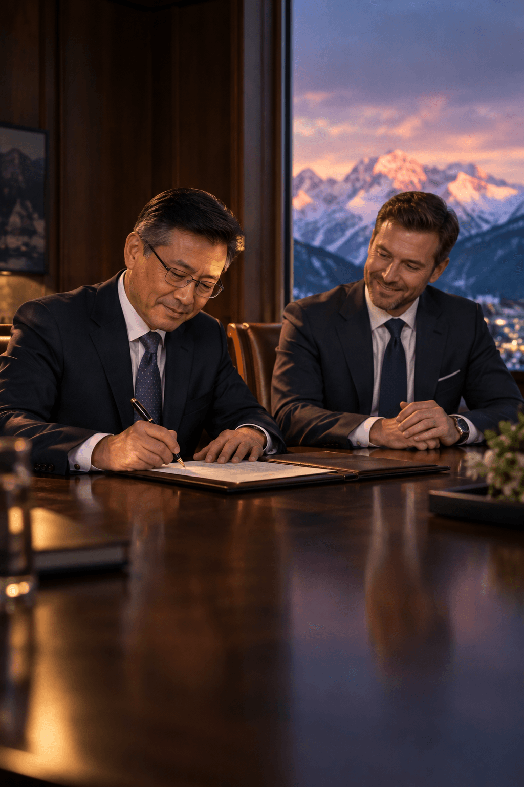 An investor signing an agreement as a founder looks on, snowy peaks beyond