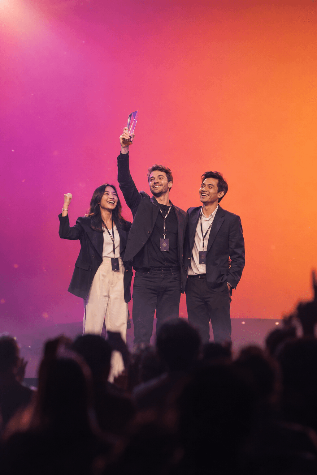 Three young founders celebrating on stage, one raising a crystal award