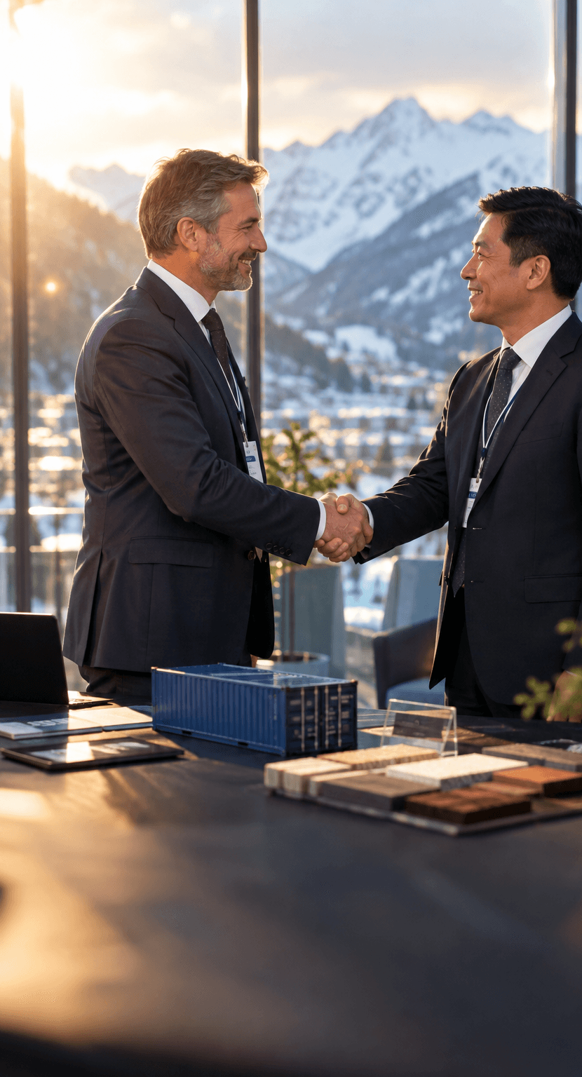Two executives shaking hands beside product samples, snowy mountains beyond