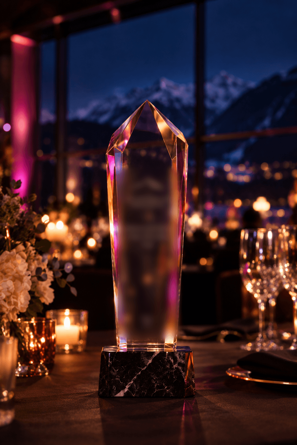 A tall crystal award on a table in a Davos ballroom at night