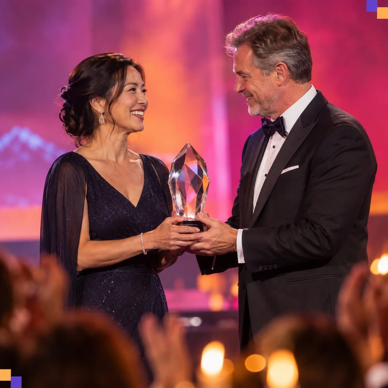 A winner receiving a crystal award from a presenter at the reception