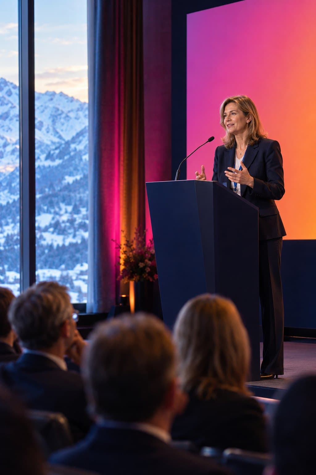 A speaker giving a keynote from the lectern, with the snow-covered Alps through the window beside the stage