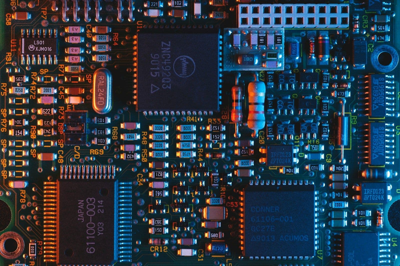 A blue circuit board in close-up