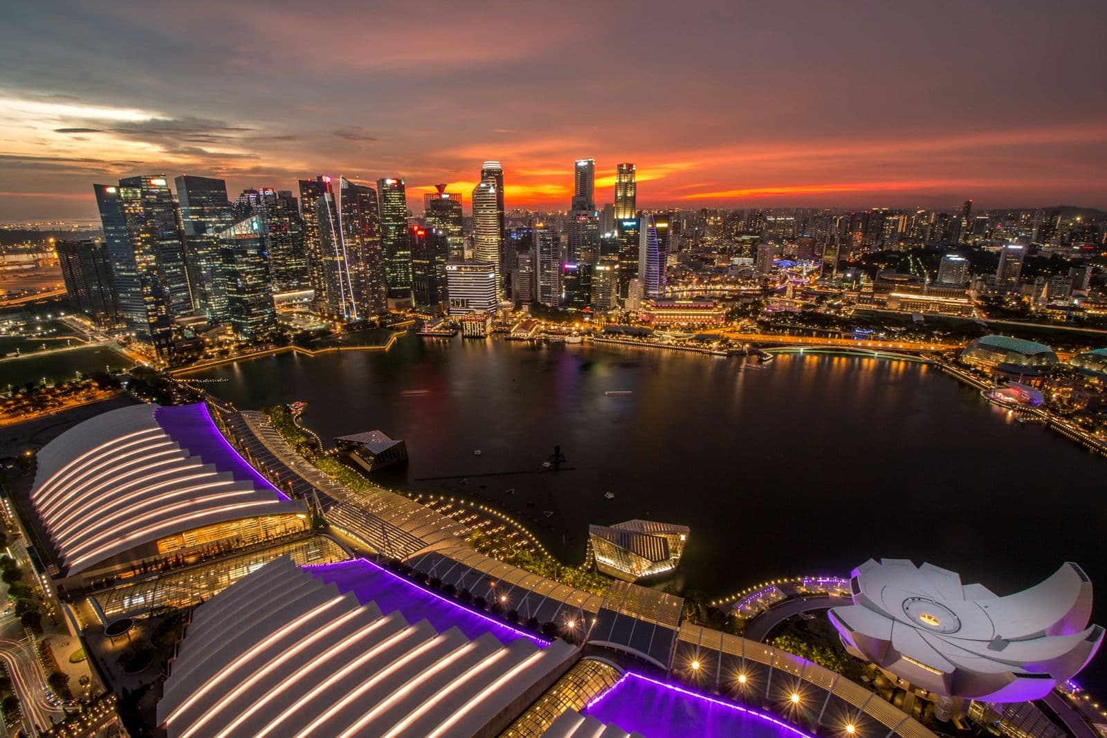 Singapore's Marina Bay and financial district from above at night