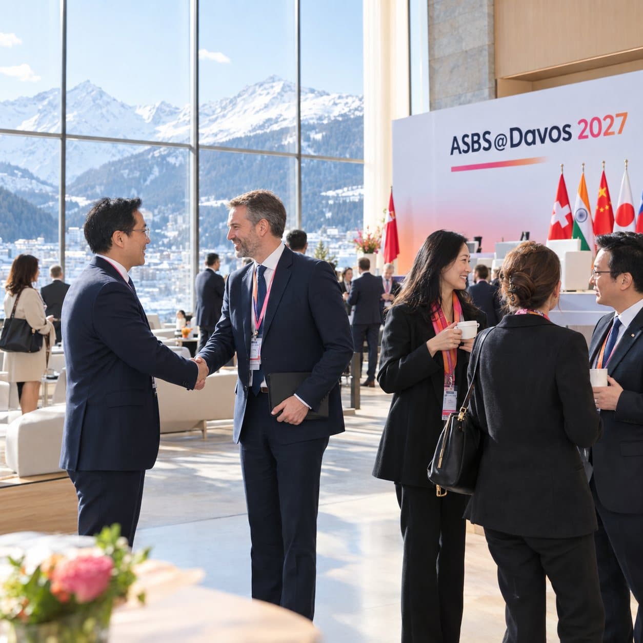 Business leaders shaking hands in front of the Asia Swiss Business Summit @ Davos 2027 backdrop, with the snow-covered Alps beyond the windows