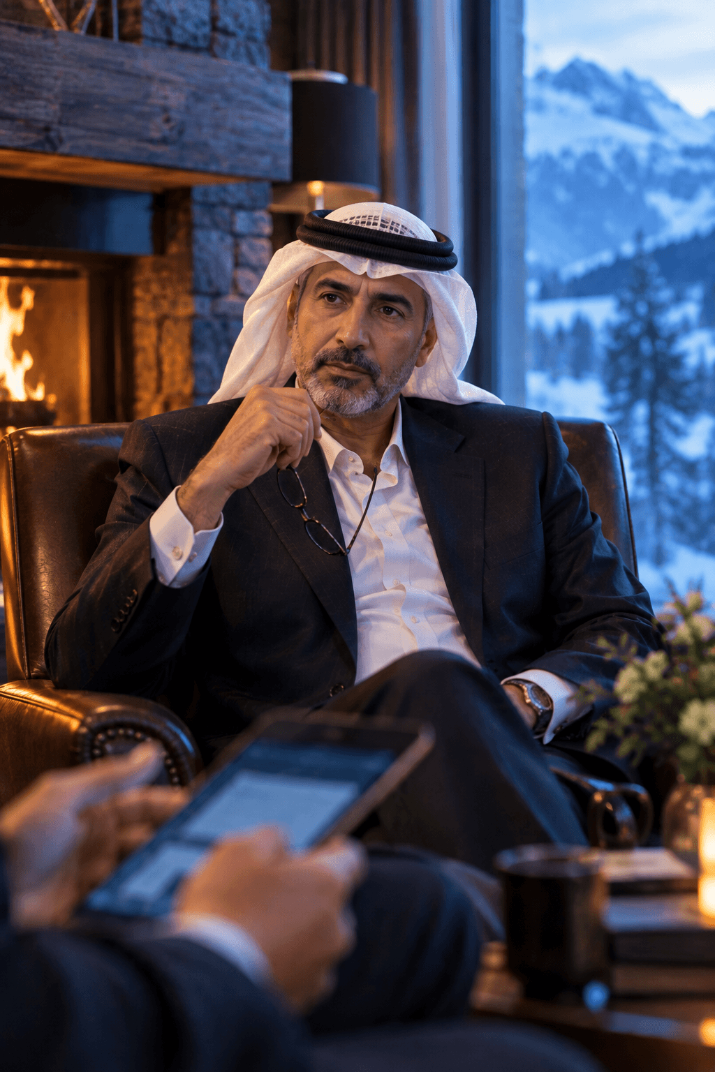 An investor listening in a leather armchair by the fireplace of an Alpine lounge
