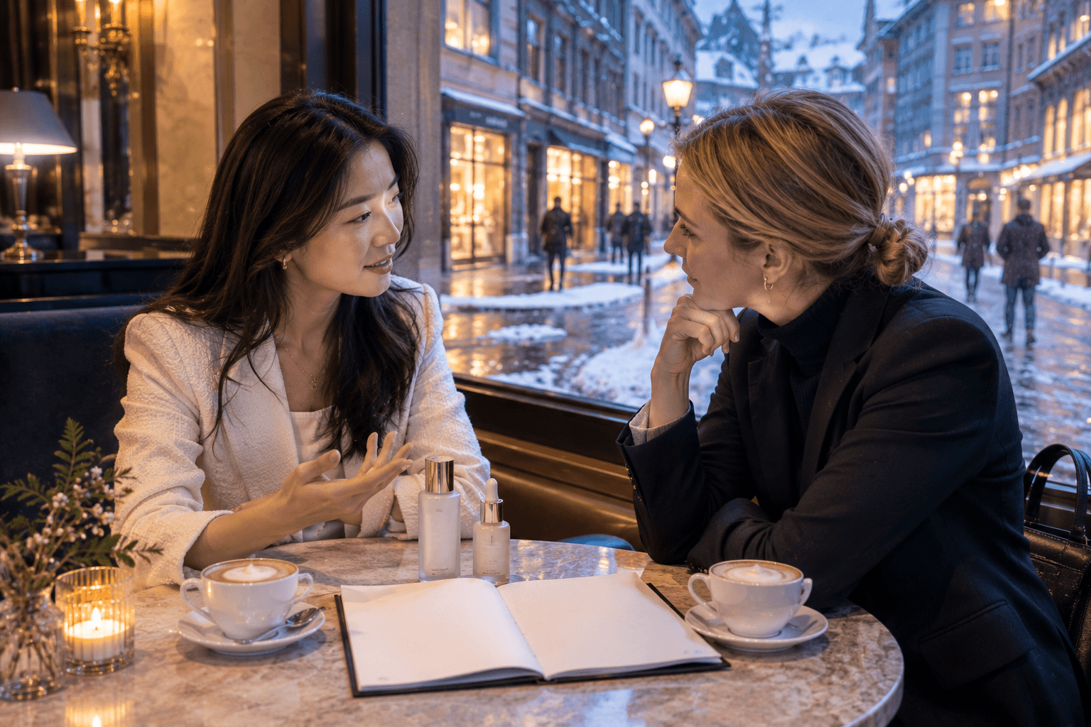 A brand founder and a distributor talking over coffee in a Zurich café on a snowy evening