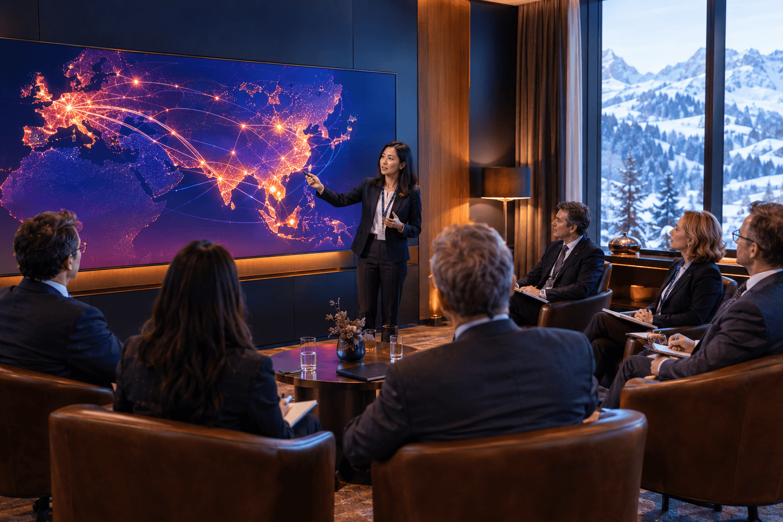 An analyst briefing European executives in front of a glowing map of Asia and Europe