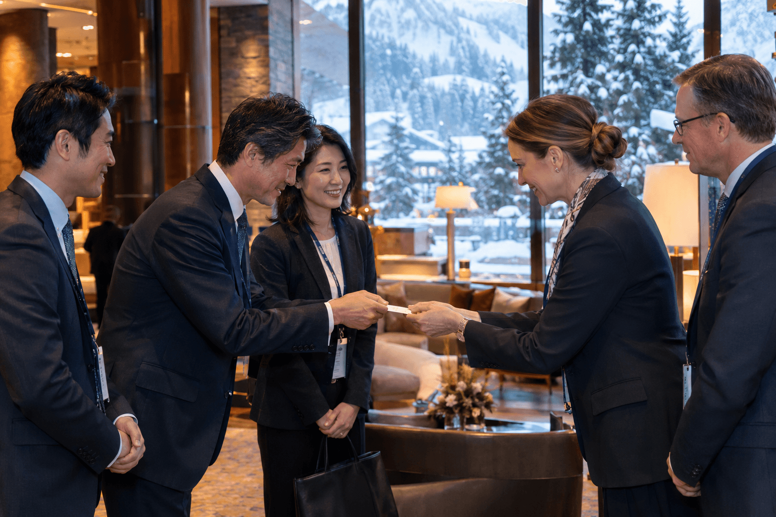 A Japanese executive presenting his business card to a Swiss executive in a snowy hotel lobby