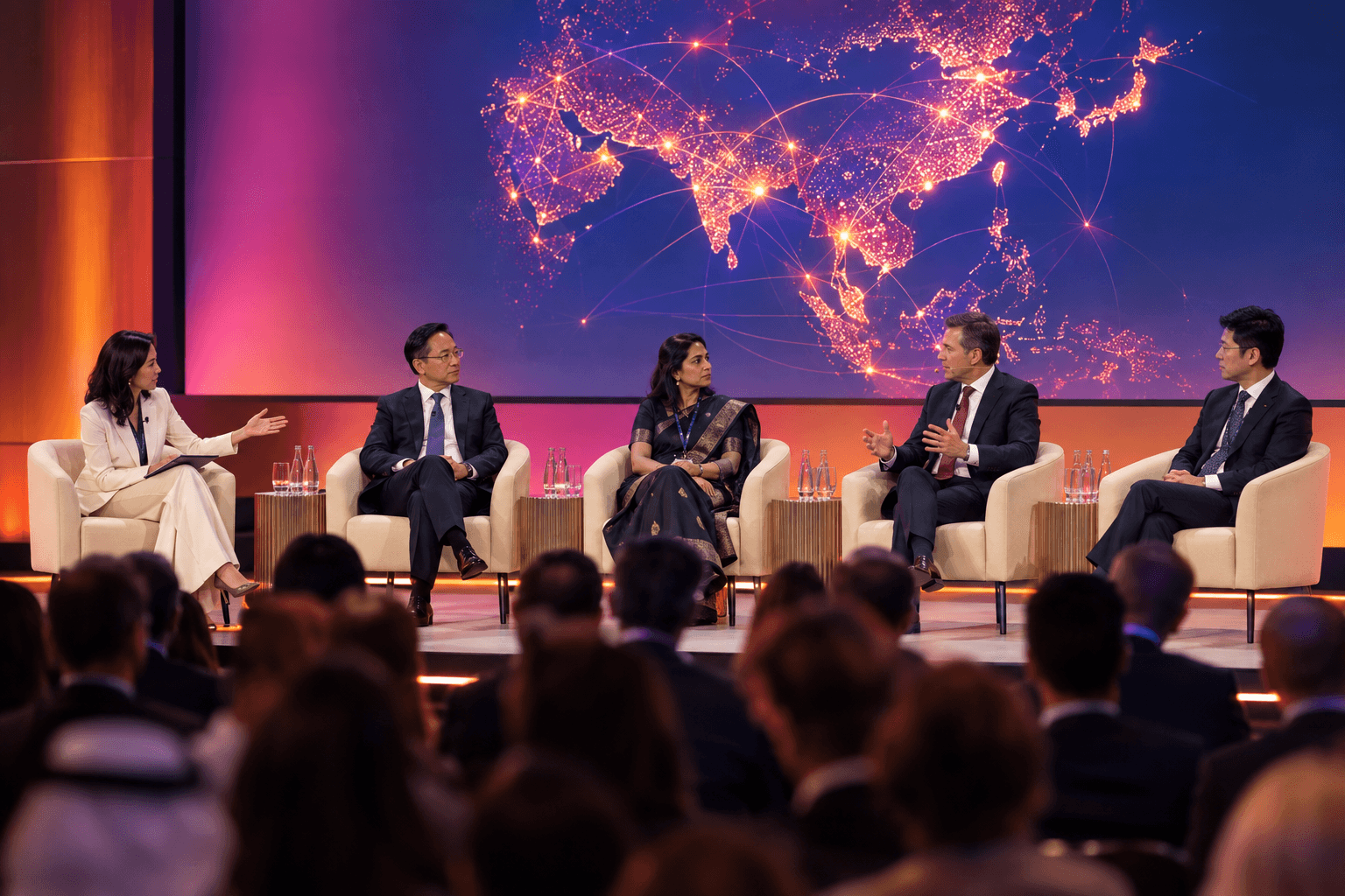A panel on stage before a glowing map of Asia
