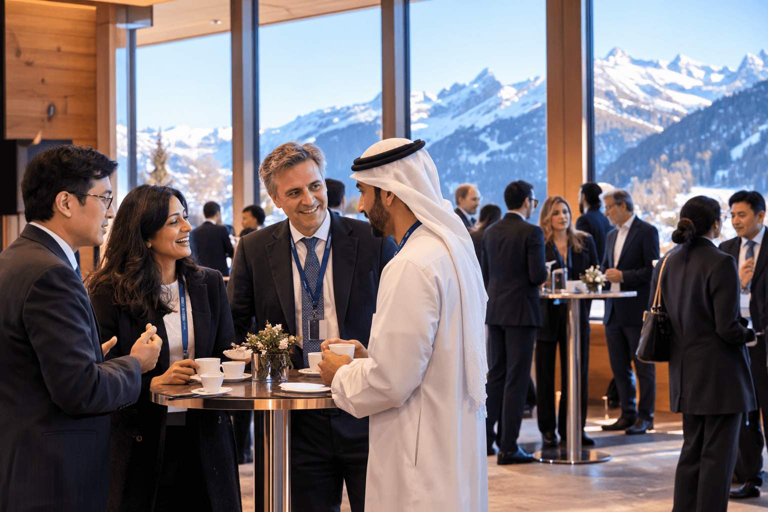 Delegates talking over coffee at a networking break, snowy mountains beyond