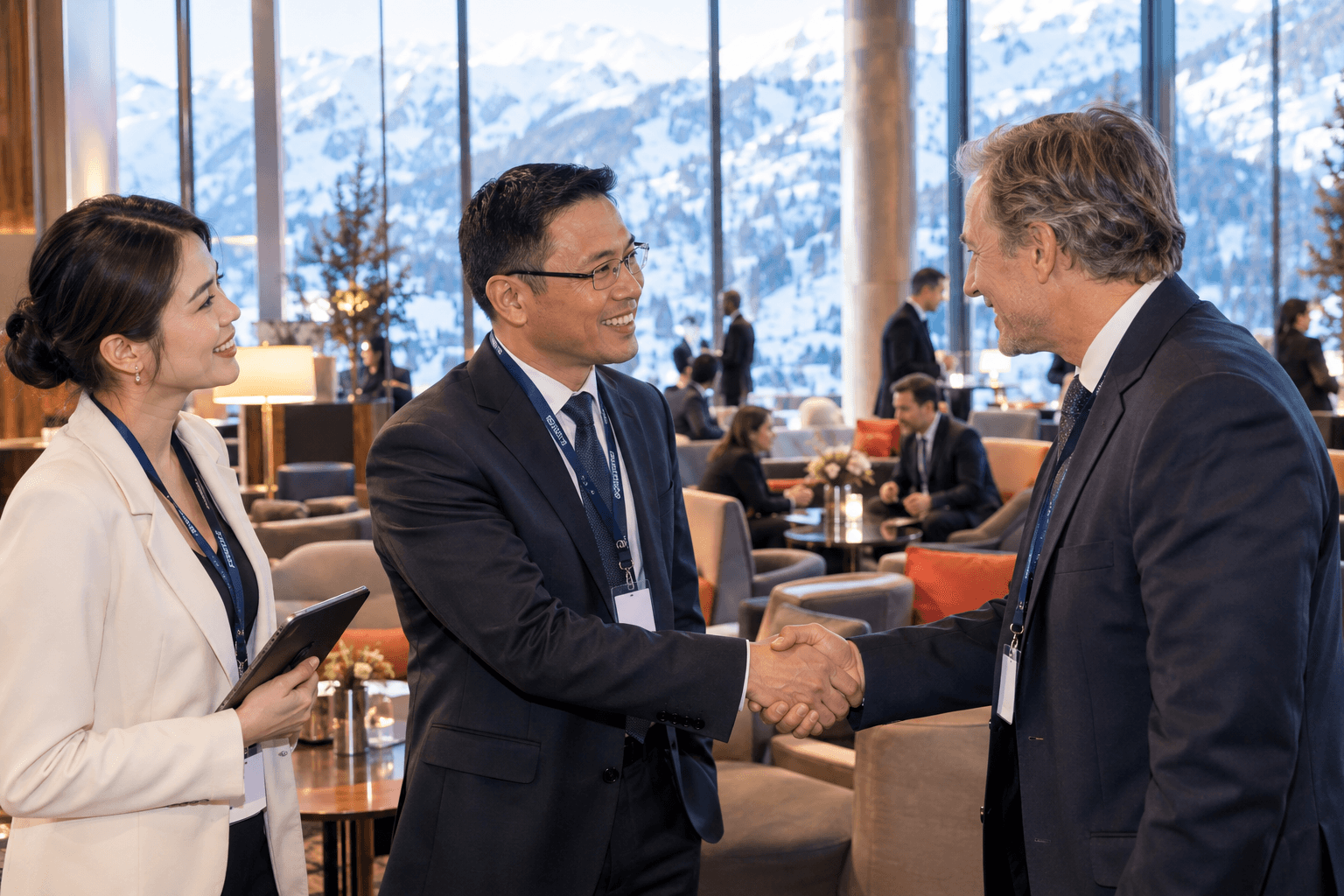 A summit host introducing a project developer to an investor, who shake hands in a hotel lounge