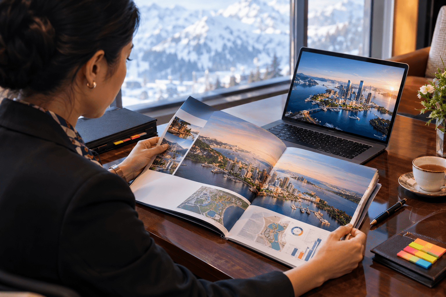 A project director turning the pages of a project dossier of waterfront renderings and charts