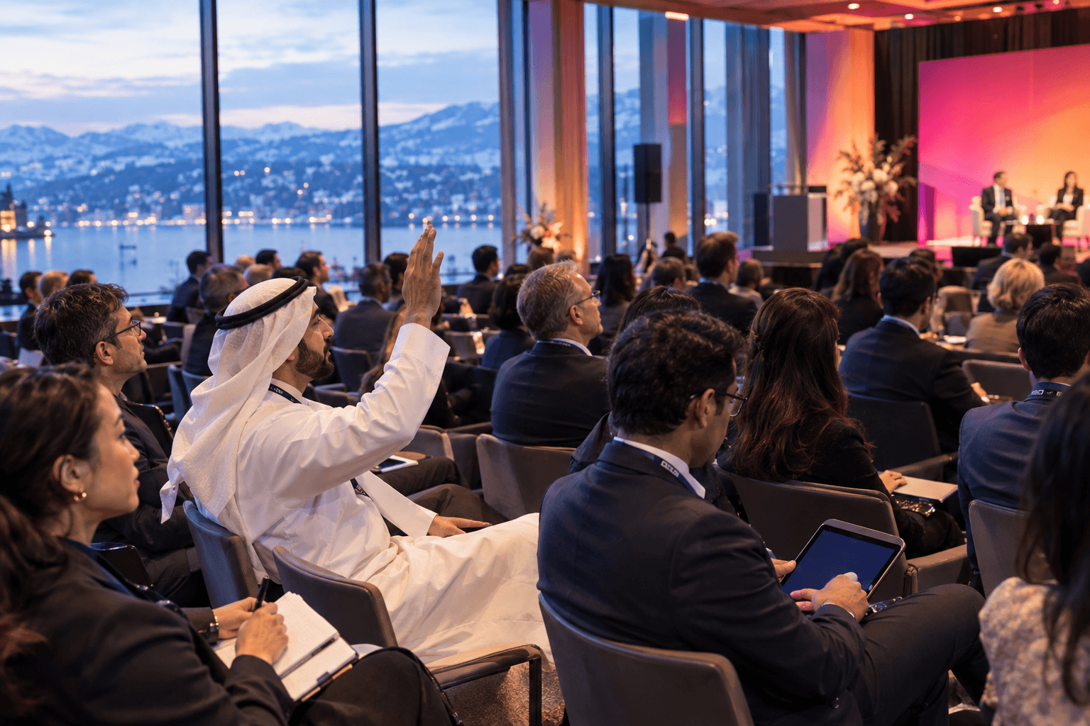 An investor raising his hand to ask a question at a forum by the lake in Zurich