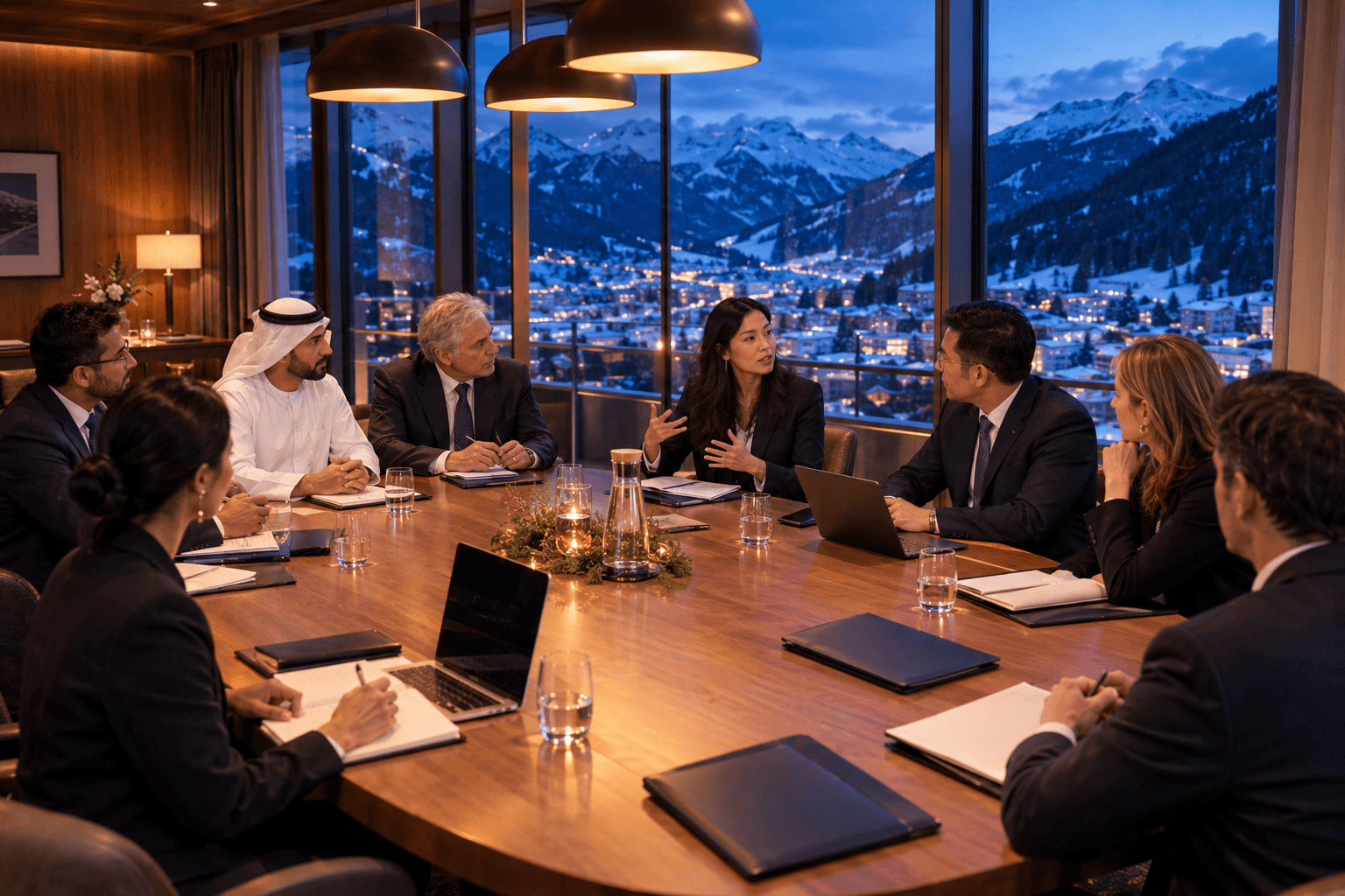 Executives in a sector meeting around an oval table, the lights of Davos beyond the windows at dusk