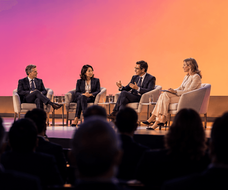 A panel of four speakers on stage before a glowing pink-to-orange screen, the audience in silhouette