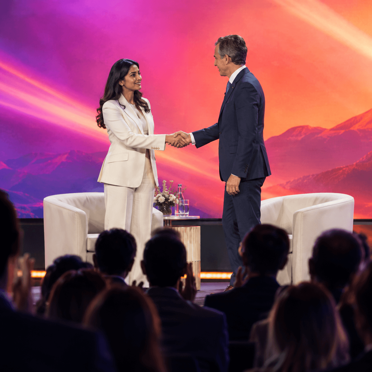 A partner executive shaking hands with the host on stage as the audience applauds