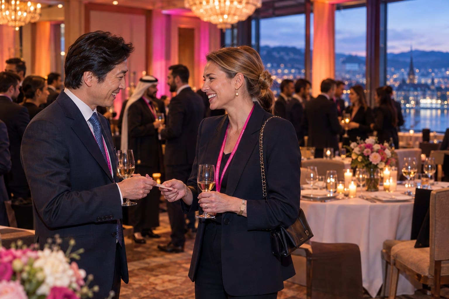 Two delegates talking over drinks at an evening reception, with the lake and city lights beyond