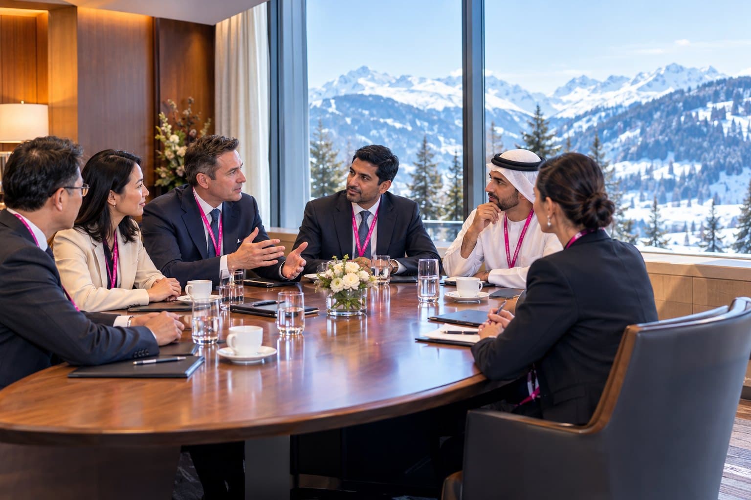 Executives from Asia, the Gulf and Europe in discussion at a roundtable, with snowy mountains beyond the windows