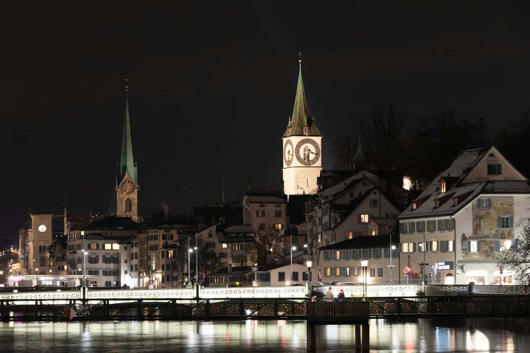 Zurich's old town and the Limmat river at night