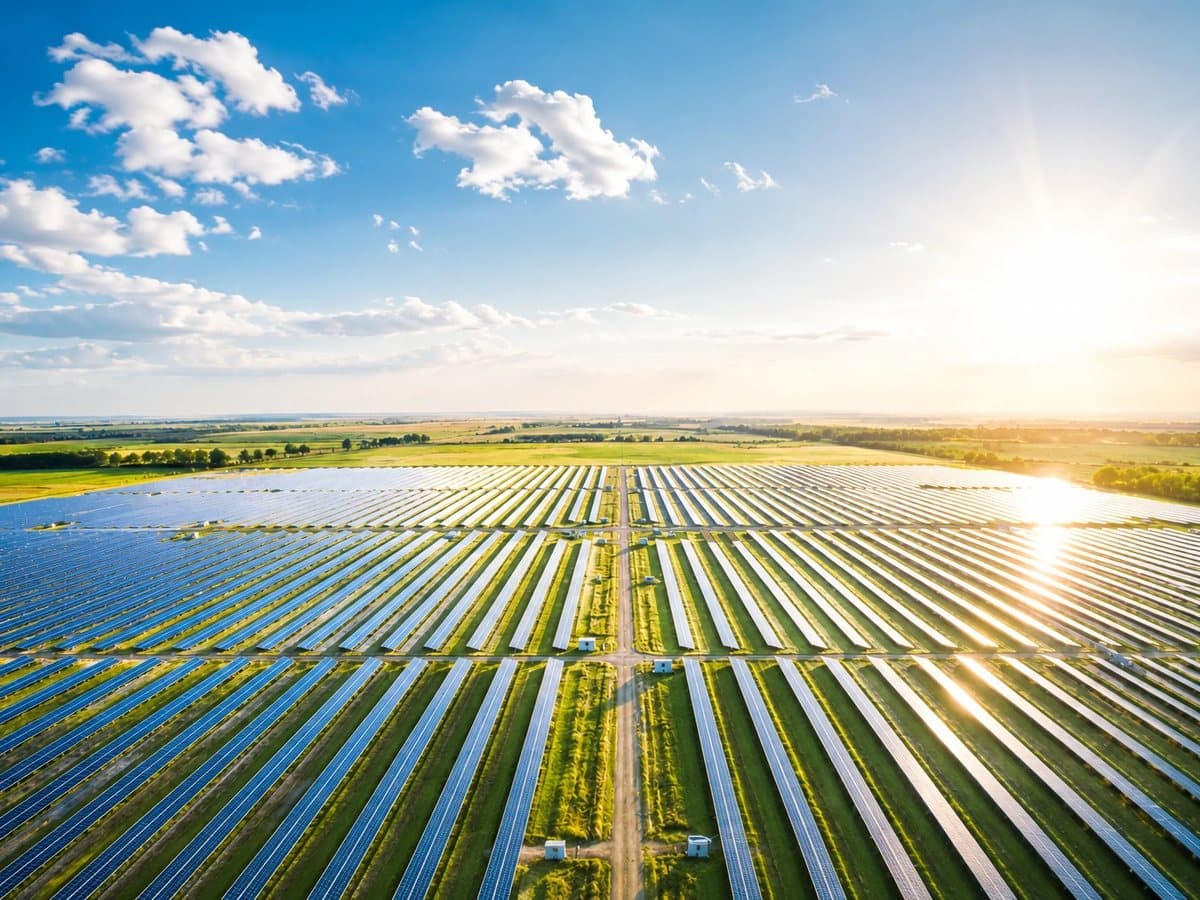 Rows of solar panels across fields under a bright sky
