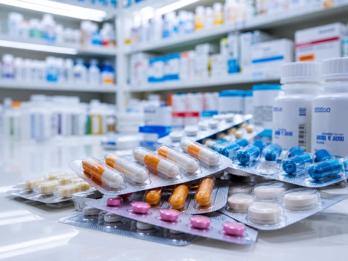 Blister packs of medicine in front of pharmacy shelves