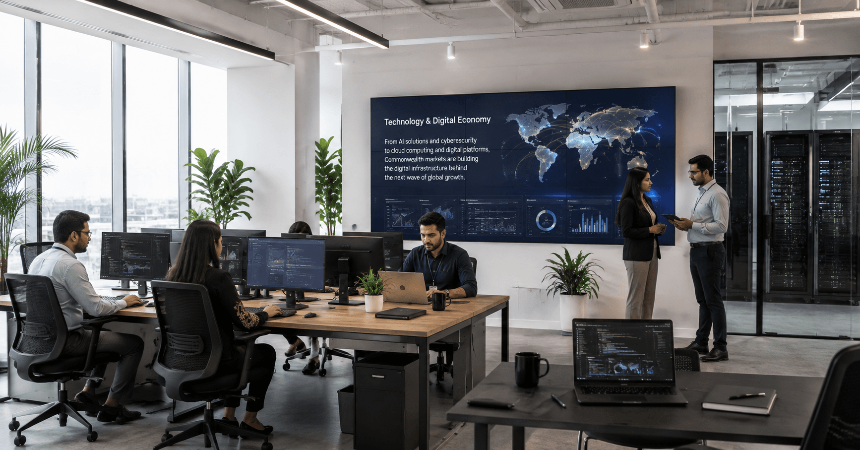 A technology team at work under a world map display