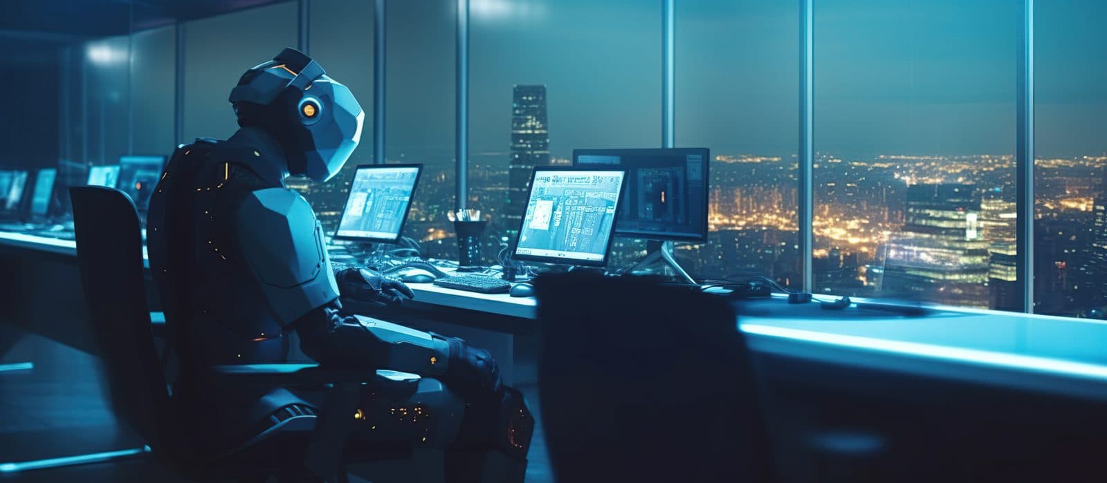 A humanoid robot working at screens in an office overlooking a city at night