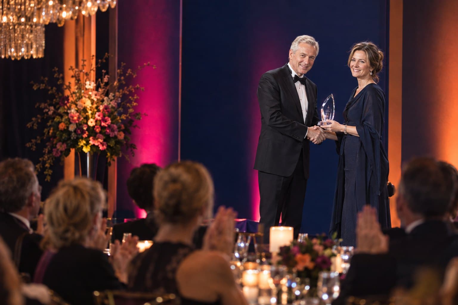 A businesswoman receiving a crystal award on stage at the reception, as guests applaud