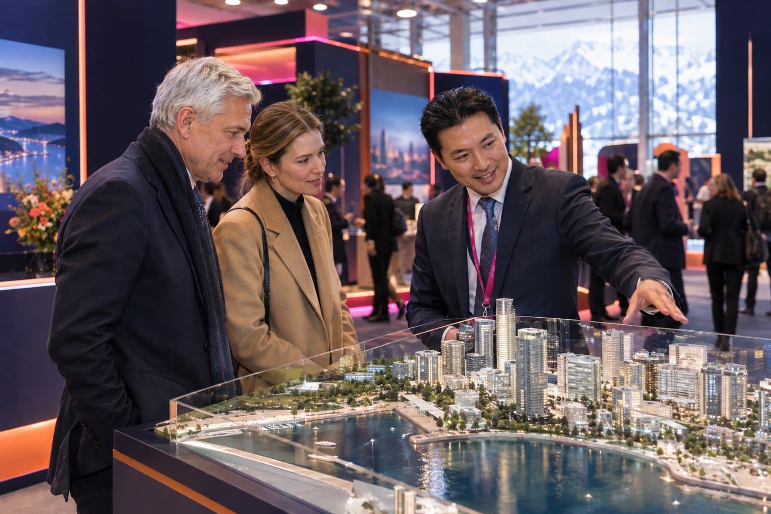 An exhibitor presenting a waterfront development model to two visitors at a country pavilion