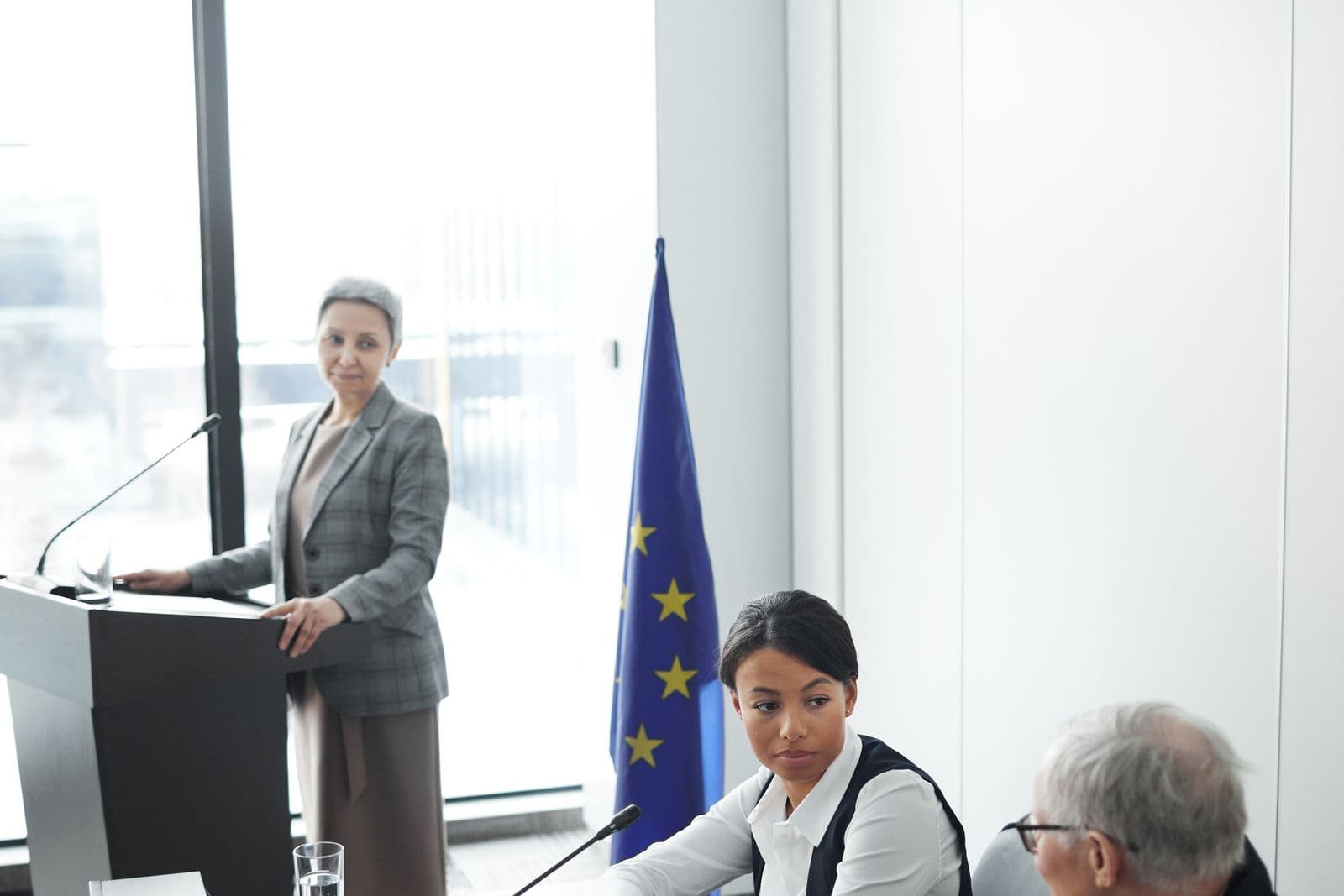 A government representative speaking at a podium beside a flag