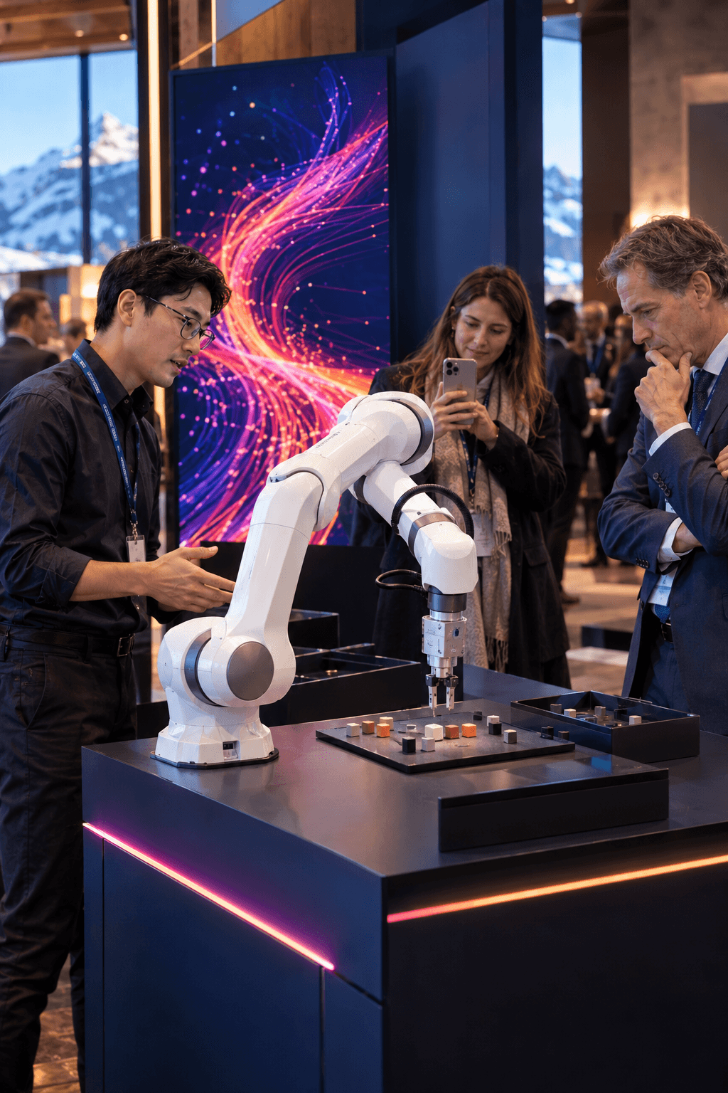 An engineer demonstrating a robotic arm to delegates at an innovation showcase